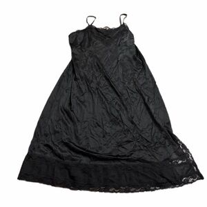 70s European Vintage Perlon Silky Lace Trim Midi Slip Dress (Black) Size Large